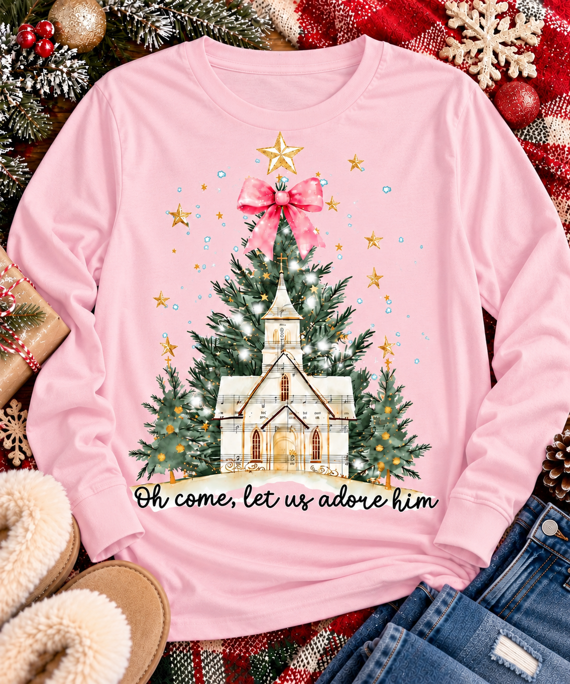 Oh Come Let Us Adore Him Christian Christmas graphic apparel with church, Christmas trees, stars and pink bow