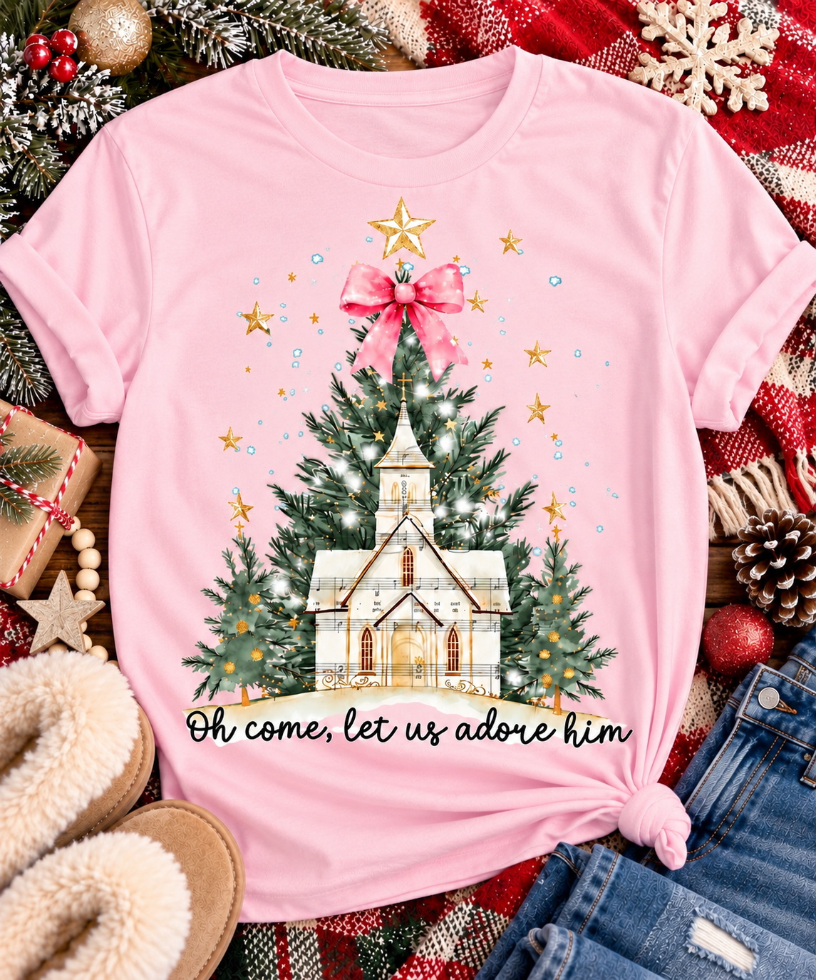 Oh Come Let Us Adore Him Christian Christmas graphic apparel with church, Christmas trees, stars and pink bow