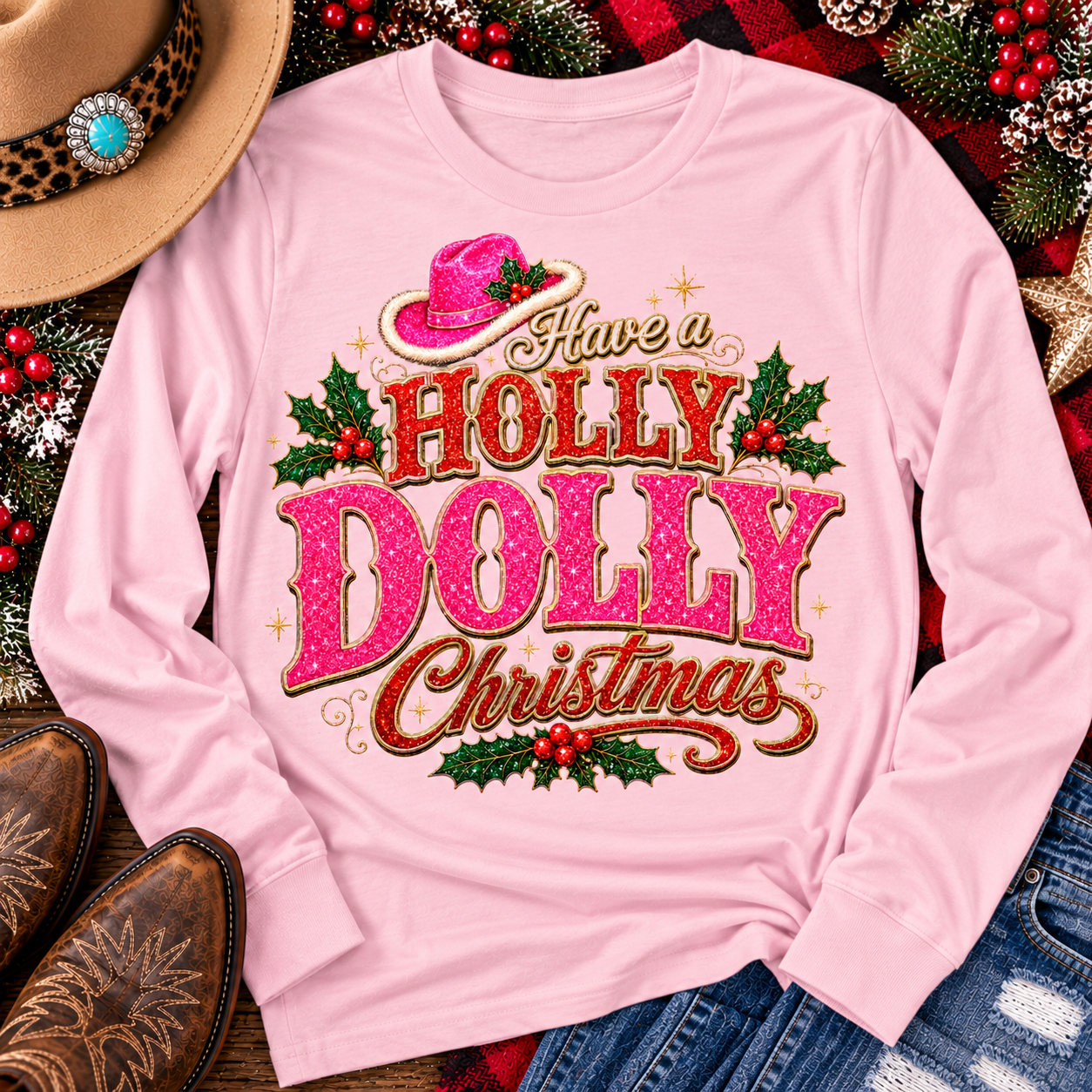 Have a Holly Dolly Christmas western graphic shirt featuring pink and red glitter-inspired lettering, a festive pink cowgirl hat, gold accents, and Christmas holly berries. Available in beige and pink in short sleeve crewneck, V-neck, long sleeve crewneck, and hoodie styles.