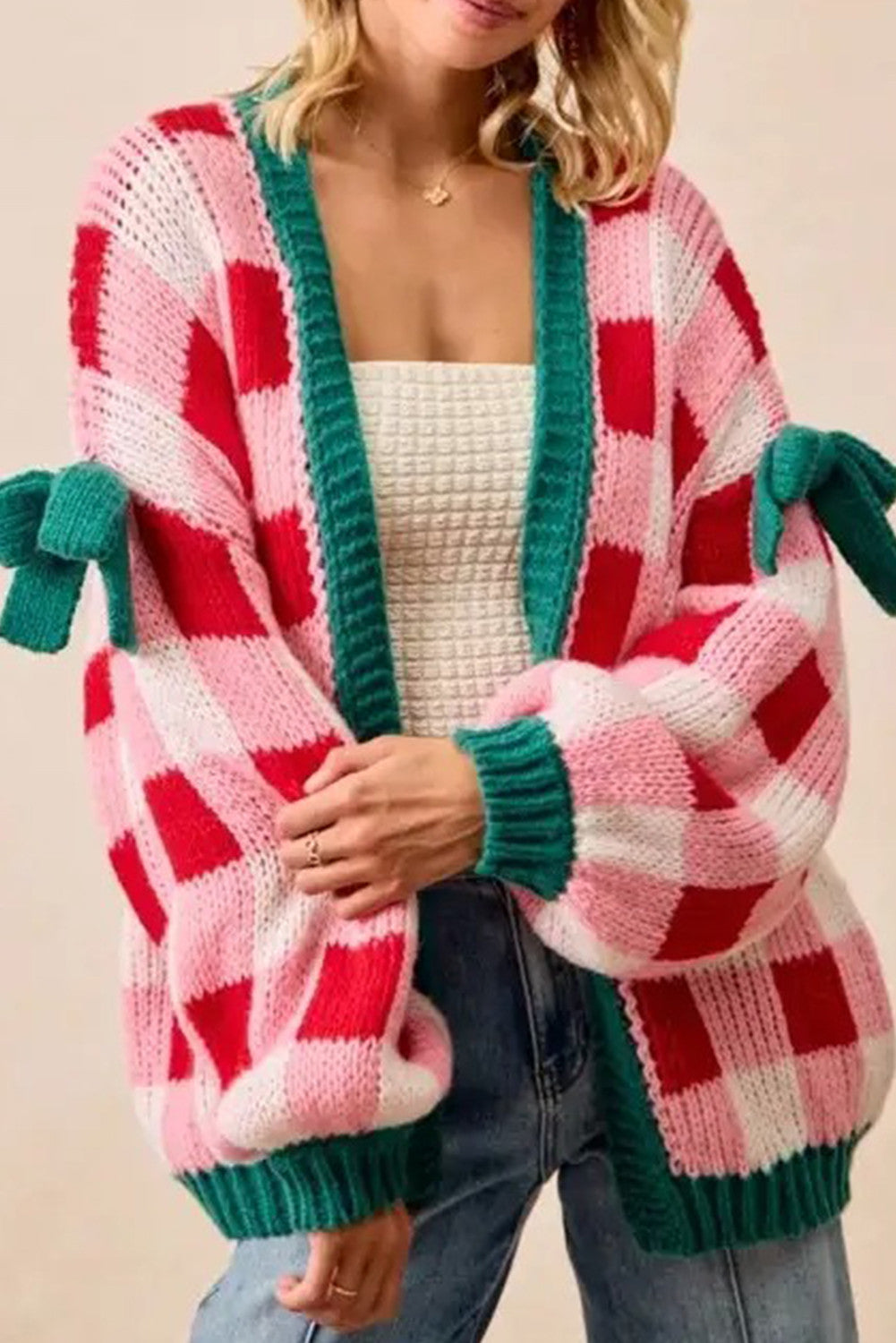 Pink Plaid Bowknot Cardigan WTW