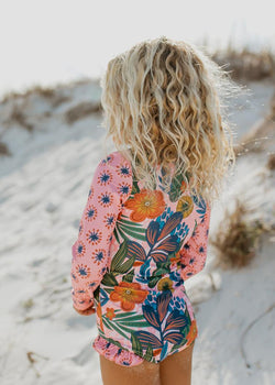 Pink Tropical Zip Rash Guard Swimsuit