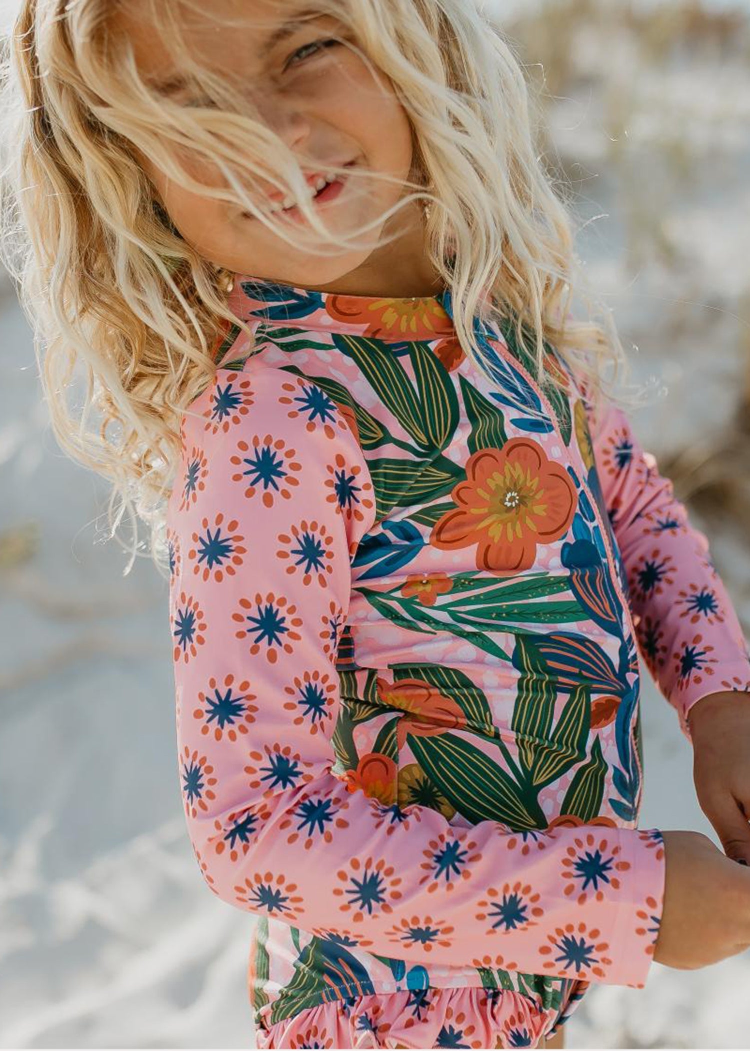 Pink Tropical Zip Rash Guard Swimsuit