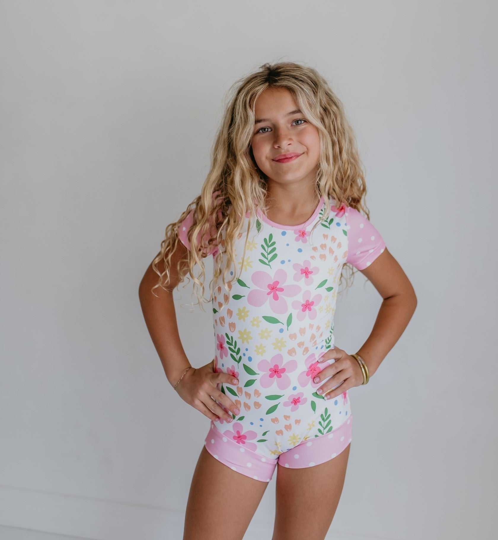Pink and Yellow Floral Shortie Leotard