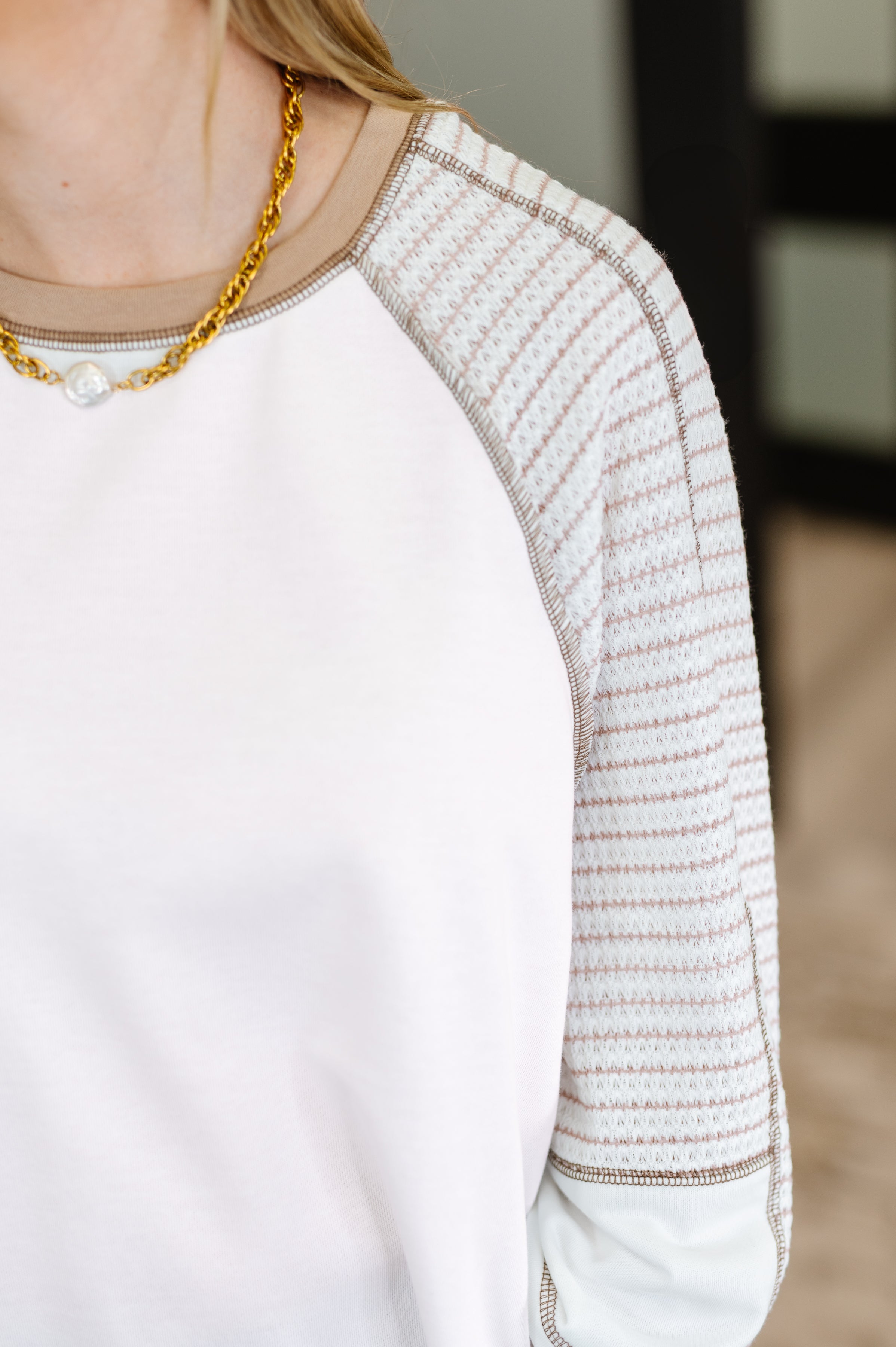 Preoccupied Striped Sleeve Top in Tan