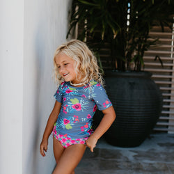 Gray and Green Floral Rash Guard Swimsuit