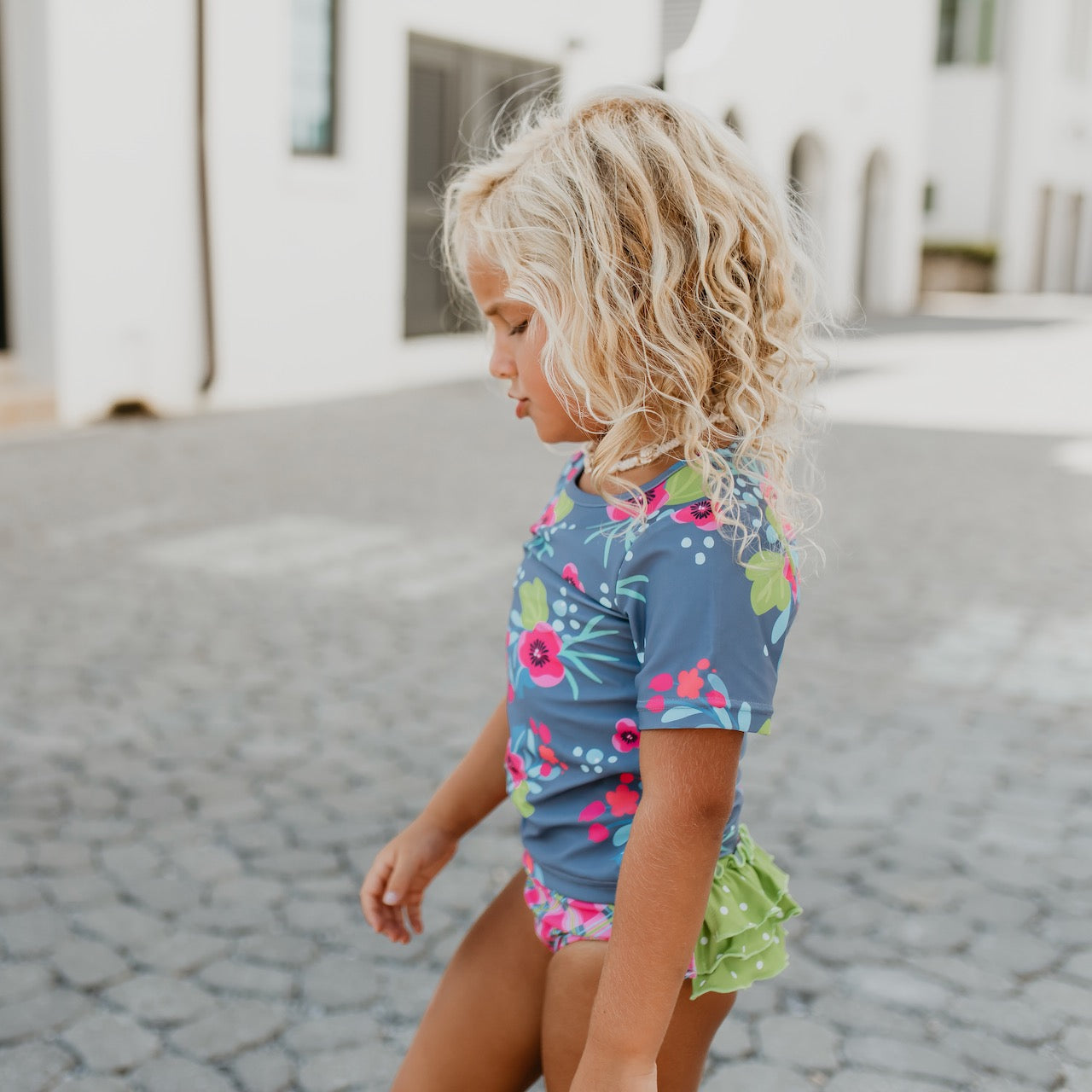 Gray and Green Floral Rash Guard Swimsuit