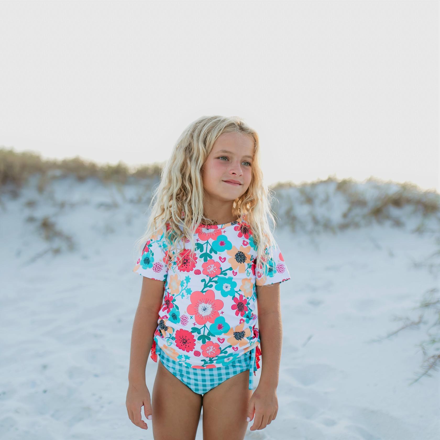 Teal Gingham Rash Guard Swimsuit