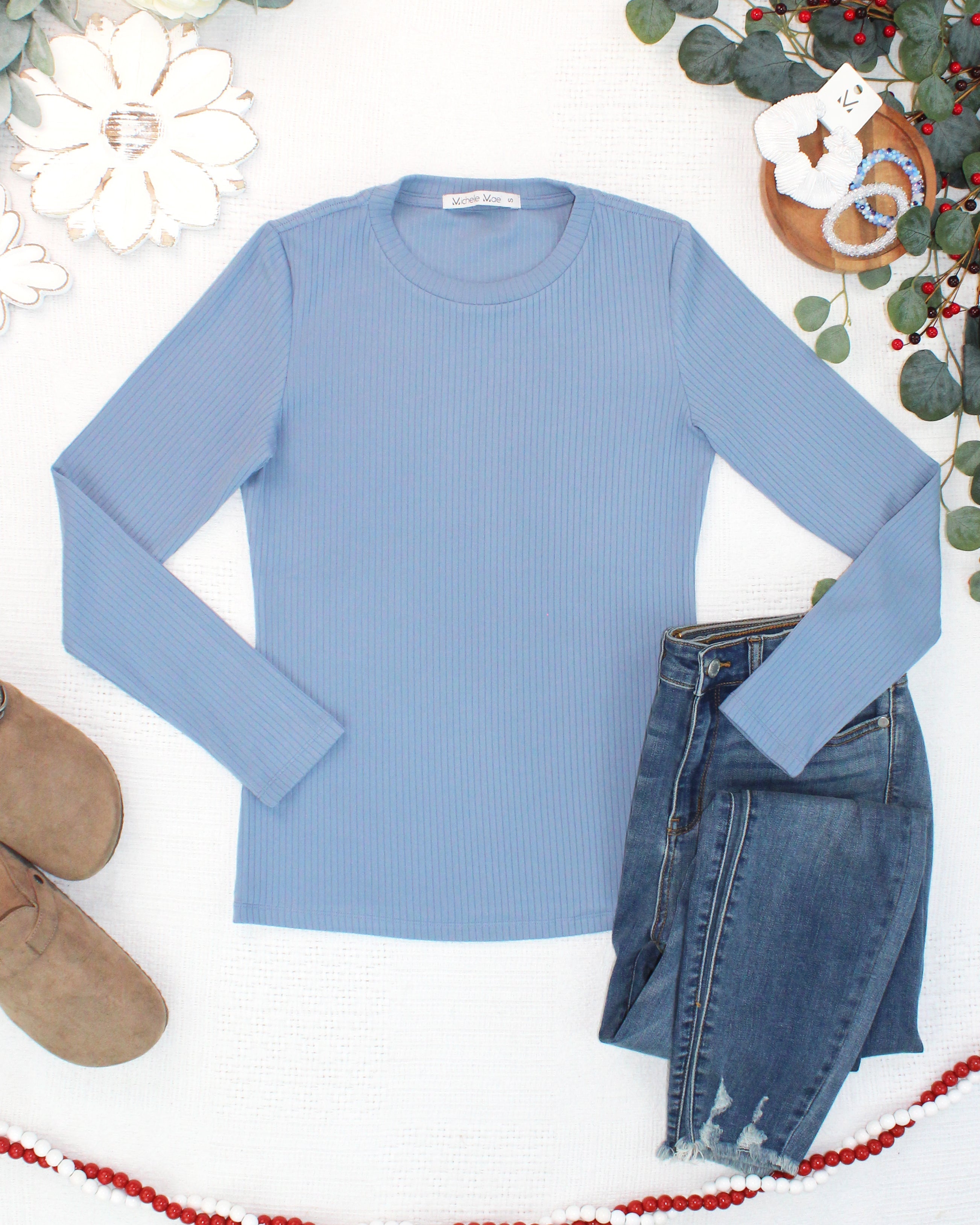Reese Ribbed Long Sleeve Top - Dusty Blue
