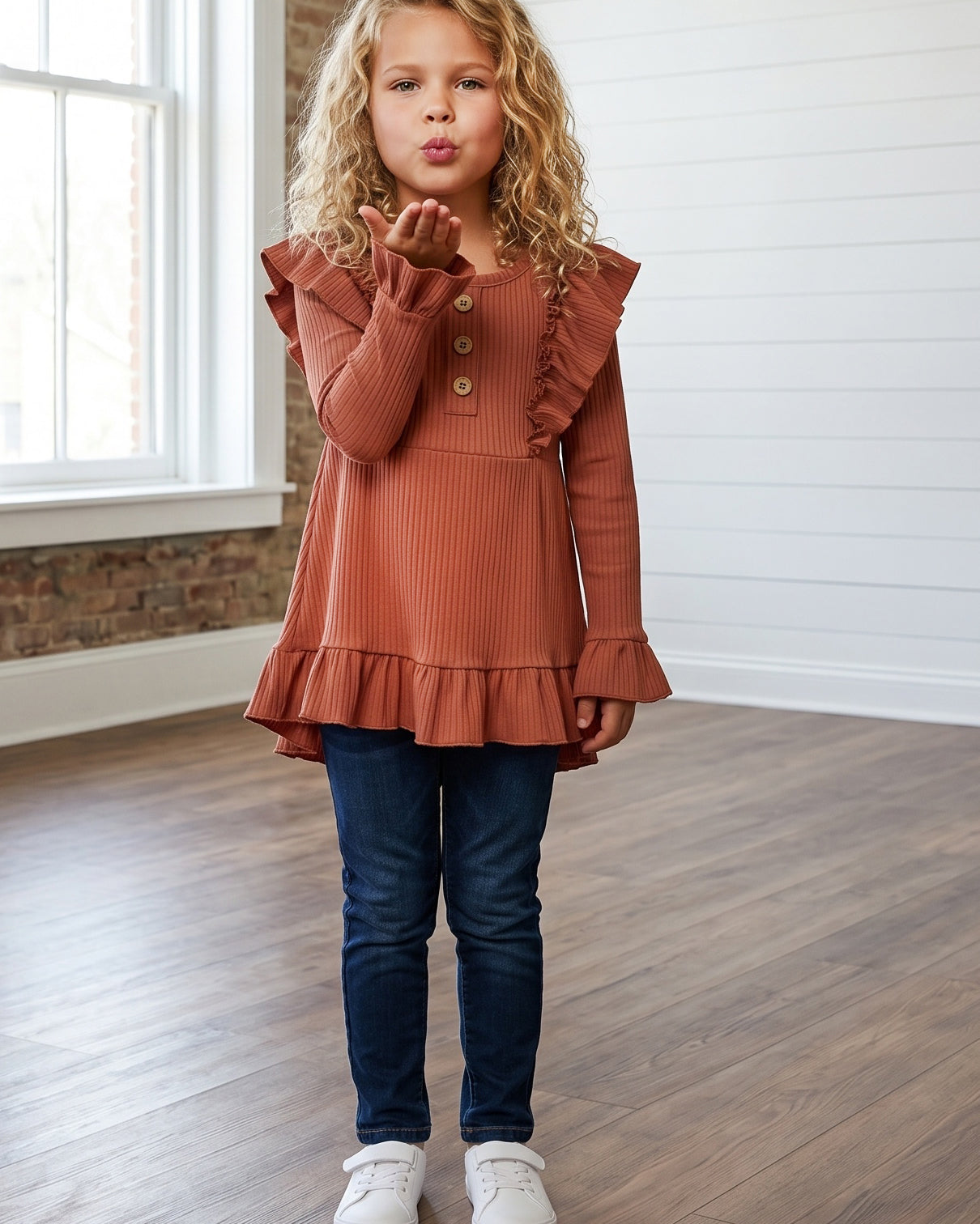 Toffee Ribbed Ruffle Shirt