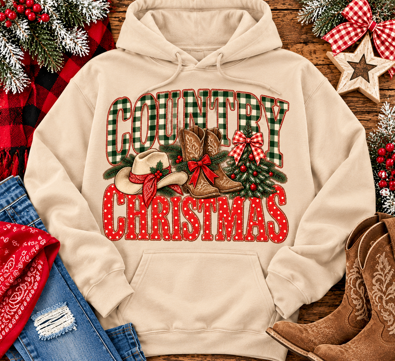 Country Christmas graphic tee with green plaid lettering, red polka dots, cowboy boots, western hat and festive Christmas bows.