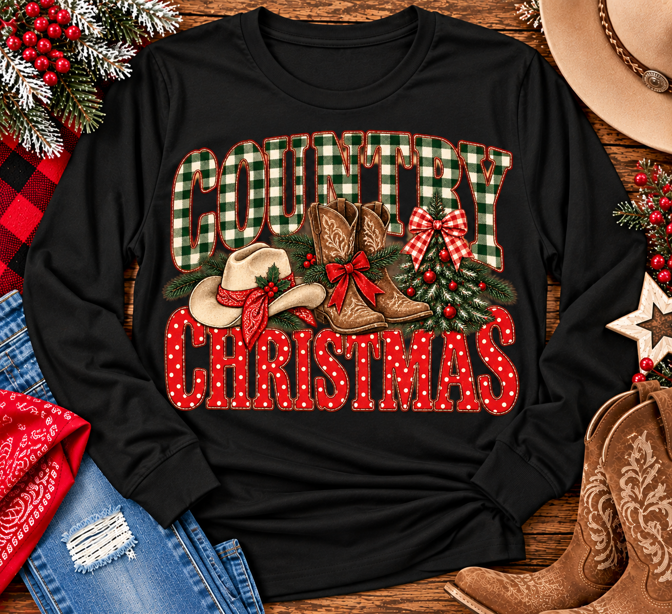 Country Christmas graphic tee with green plaid lettering, red polka dots, cowboy boots, western hat and festive Christmas bows.