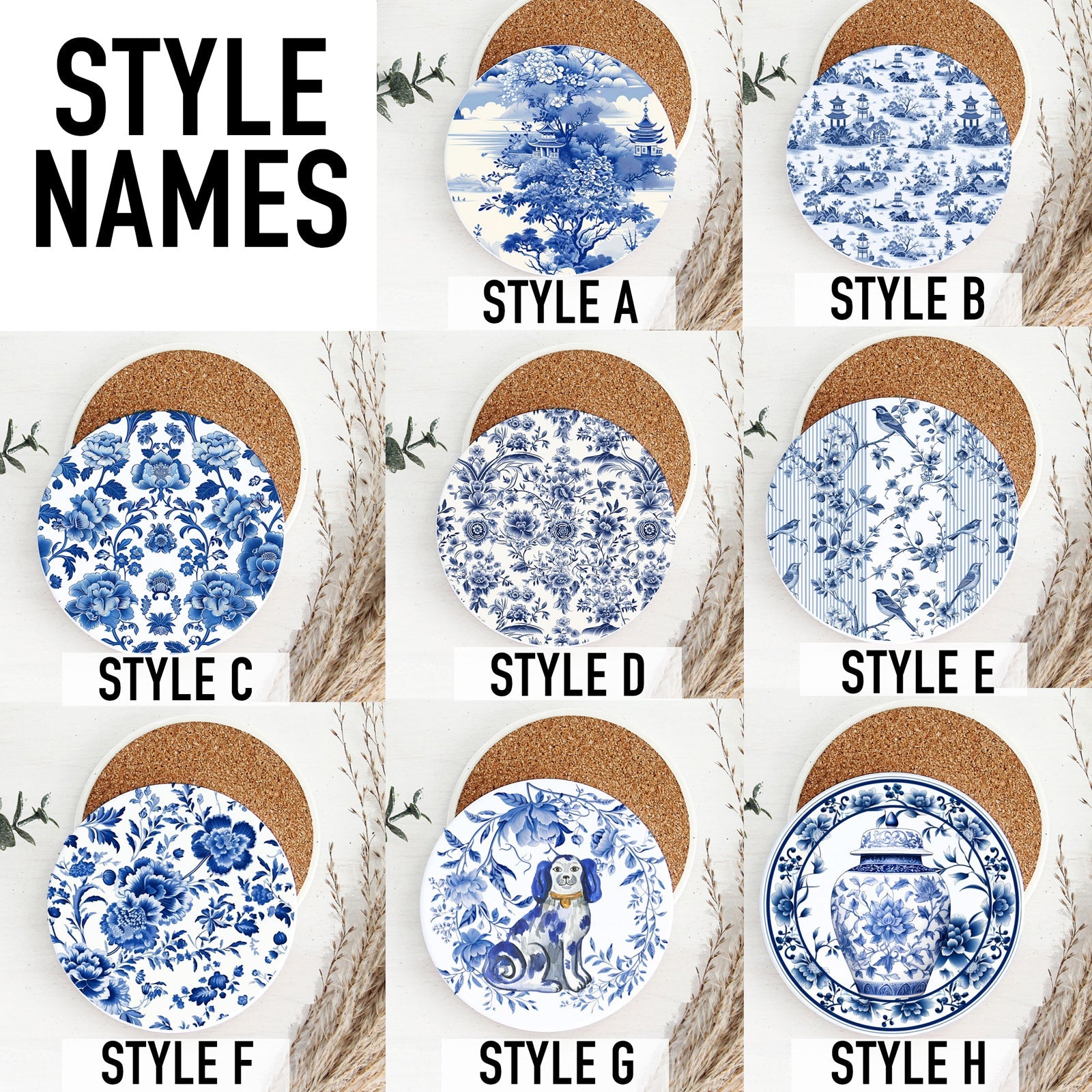 Traditional ginger jar design on ceramic drink coaster
Asian pagoda scene Chinoiserie ceramic coaster
Blue and white bird pattern coaster with striped background