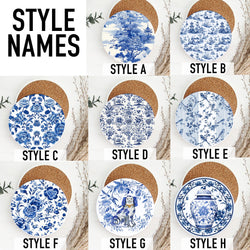 Traditional ginger jar design on ceramic drink coaster
Asian pagoda scene Chinoiserie ceramic coaster
Blue and white bird pattern coaster with striped background