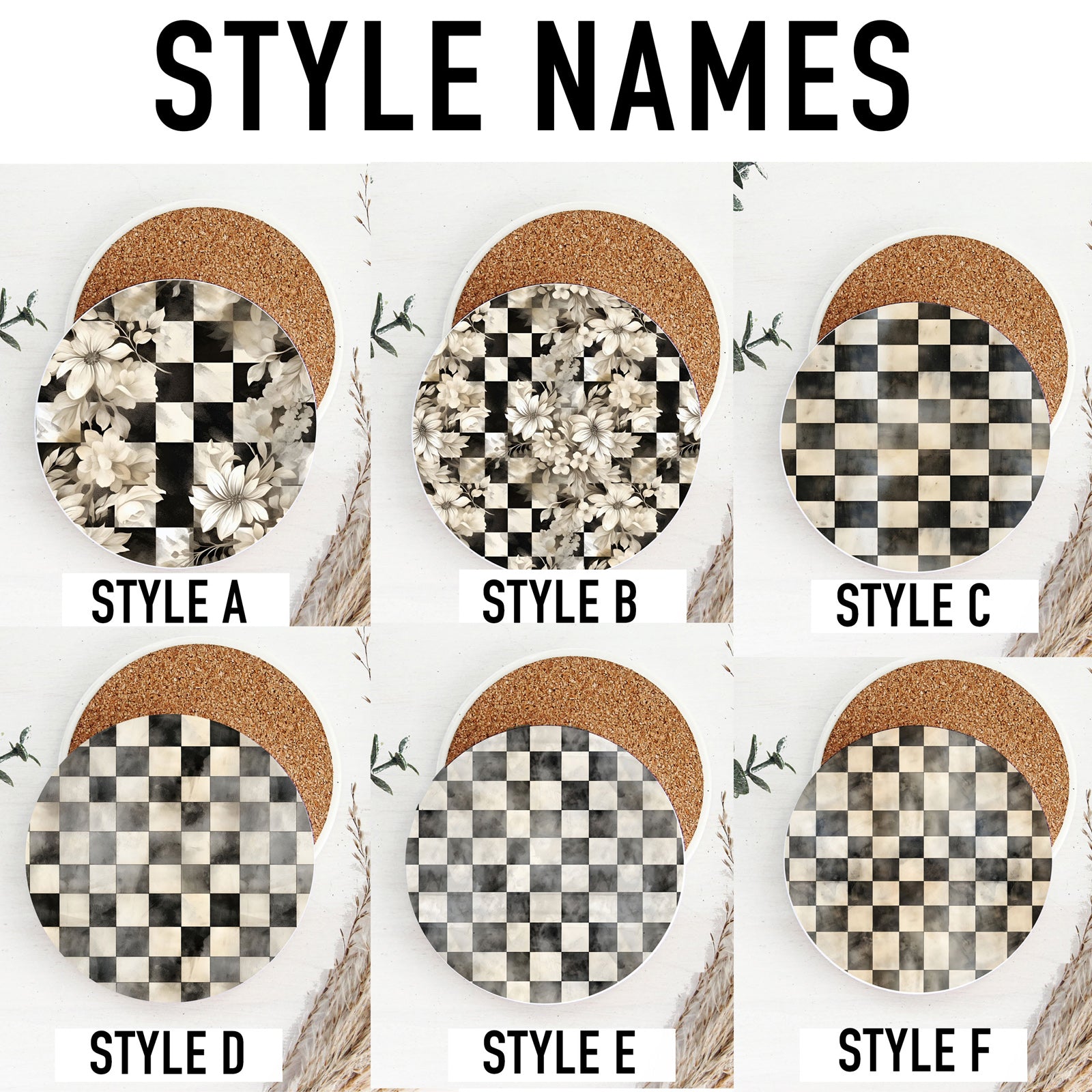 Black and white floral checkered coaster with vintage blooms
Classic courtly check pattern ceramic drink coaster
Large check pattern coaster in black and white marble effect