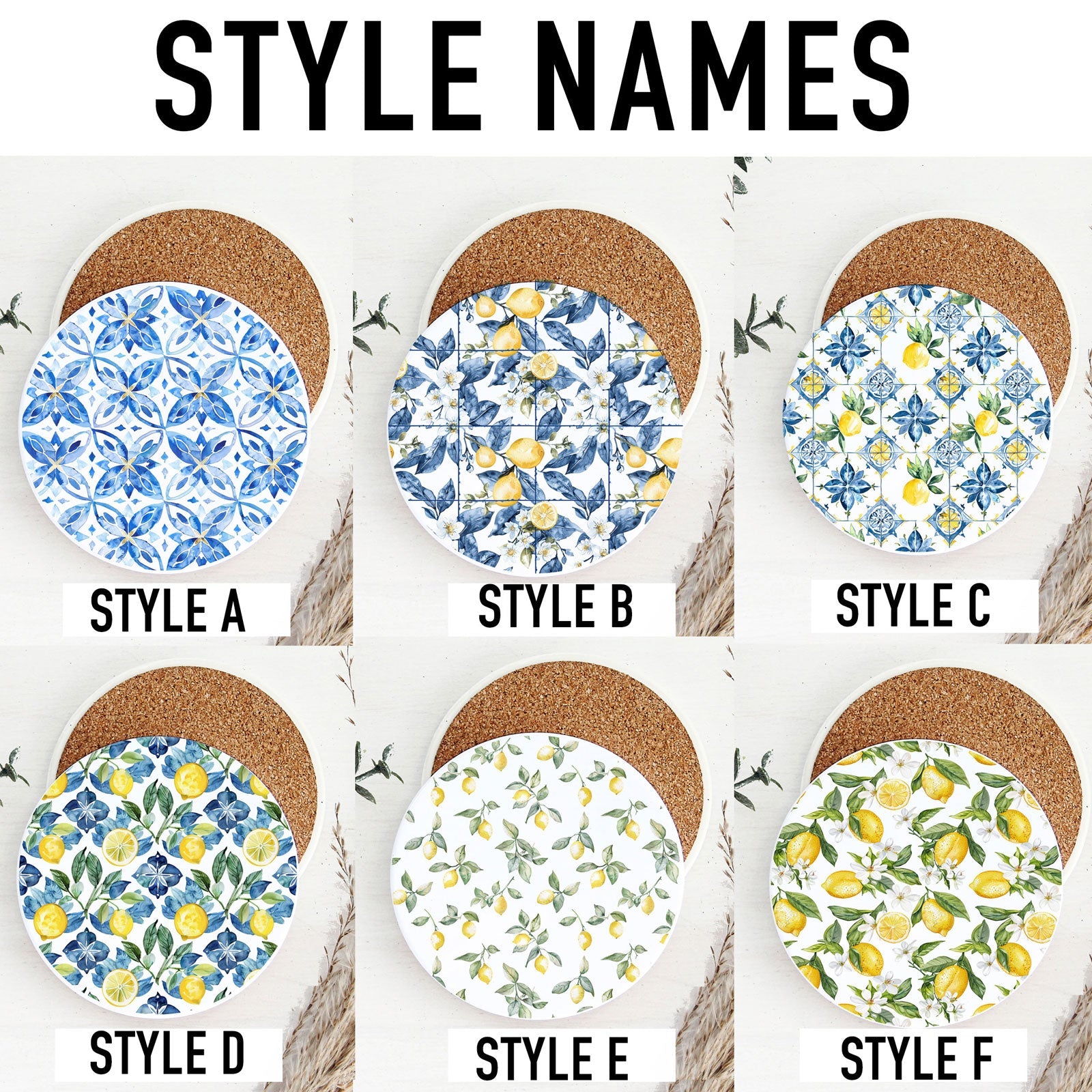 Fresh lemon pattern ceramic coaster with vibrant yellow citrus design
Delicate lemon branch coaster featuring subtle Mediterranean style
Blue Mediterranean tile pattern coaster inspired by coastal ceramics