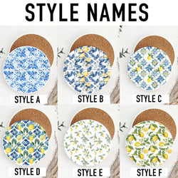 Fresh lemon pattern ceramic coaster with vibrant yellow citrus design
Delicate lemon branch coaster featuring subtle Mediterranean style
Blue Mediterranean tile pattern coaster inspired by coastal ceramics