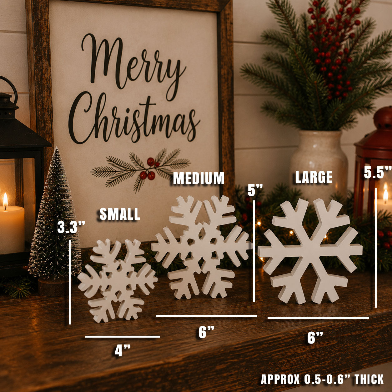 White wooden snowflakes displayed in a cozy Christmas home
Christmas mantel décor featuring white snowflake decorations
Freestanding white snowflakes styled with holiday greenery
Wooden snowflake decorations beside a glowing Christmas tree
White snowflake figurines in a rustic holiday display
Farmhouse Christmas décor with freestanding wooden snowflakes
White winter decorations styled with evergreen branches and lights
Wooden snowflake tabletop décor in a festive living room