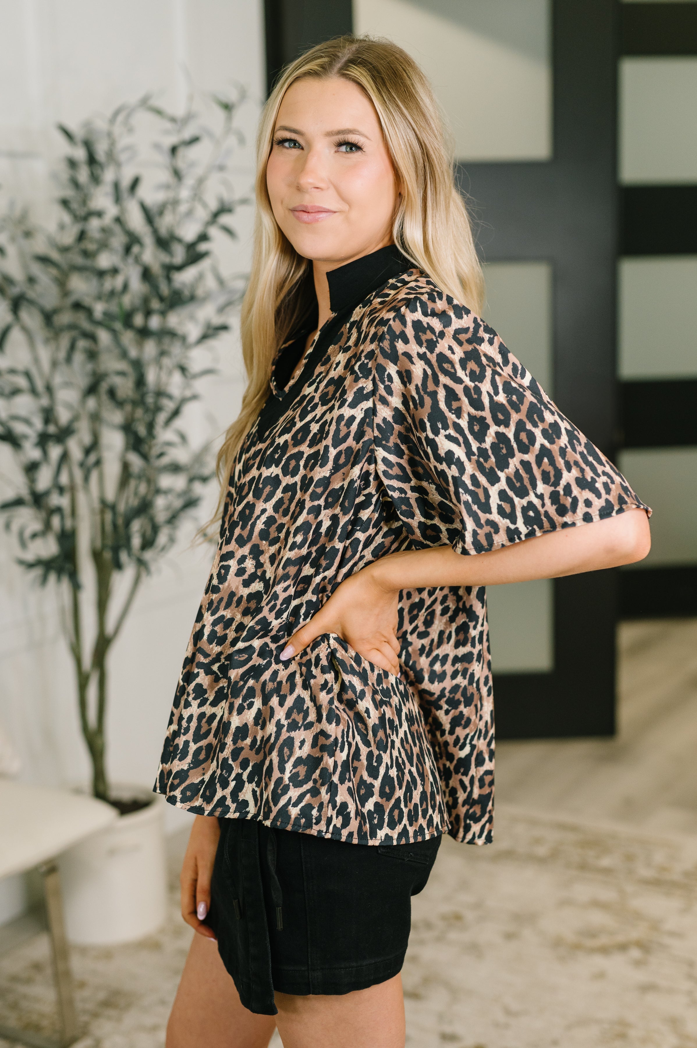 Sassy Season Split Neck Leopard Print Blouse