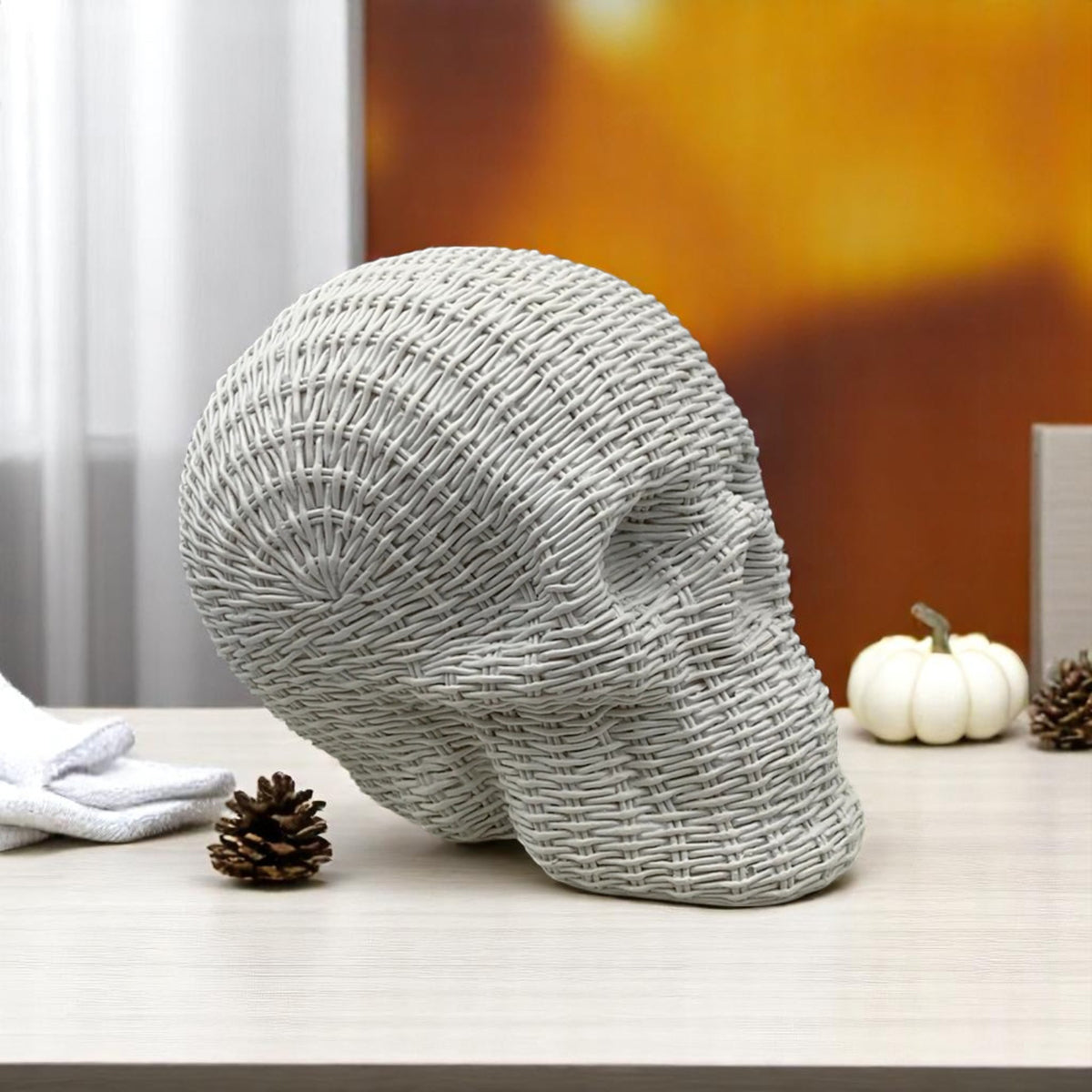boutique halloween decor skull heads rattan basketweave style neutral brown white fall table accent wicker texture
modern rustic skull heads rattan basketweave texture neutral brown white halloween fall gothic decor wicker style