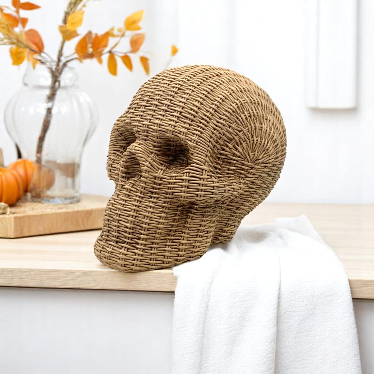 indoor outdoor skull heads rattan basketweave texture neutral brown white halloween fall decor wicker style
