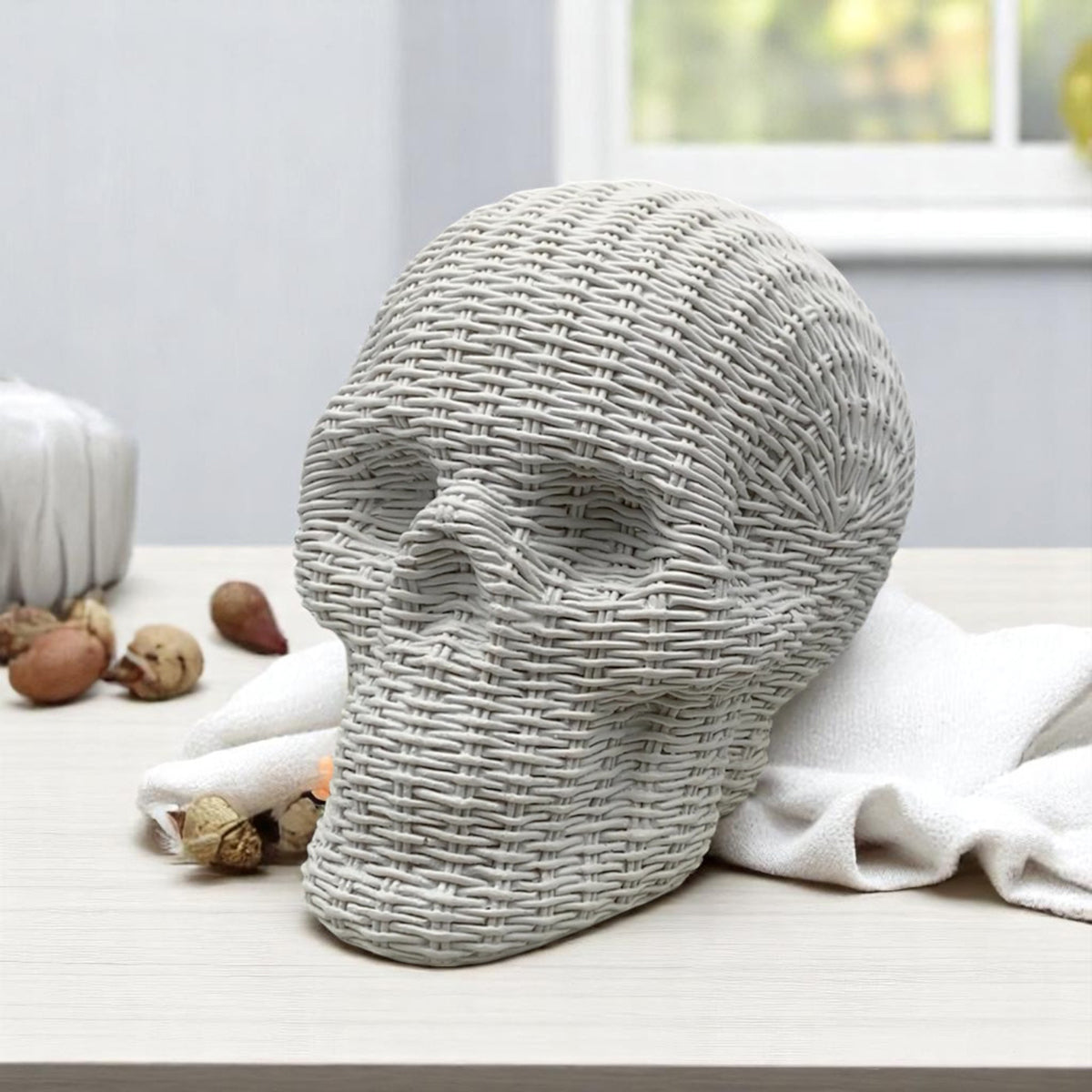 curated skull decor rattan basketweave texture neutral brown white halloween fall gothic accent wicker style