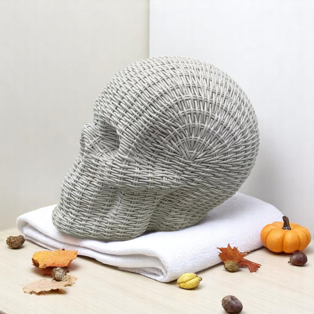 Rattan skull decor 2 colors neutral brown white basketweave resin texture halloween fall gothic accent