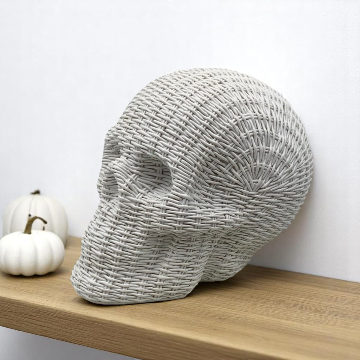 designer skull heads rattan basketweave style resin neutral brown white halloween fall table accent wicker look