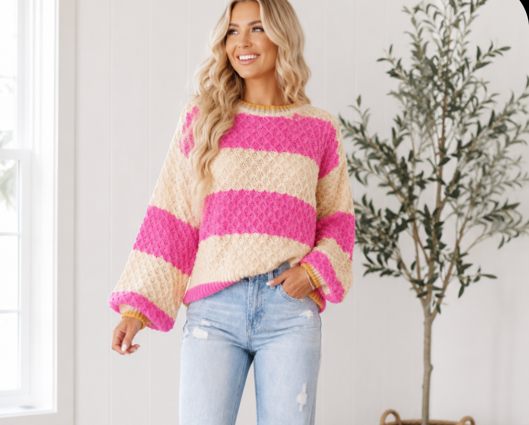 Striped Colorblock Texture Drop Shoulder Sweater WTW