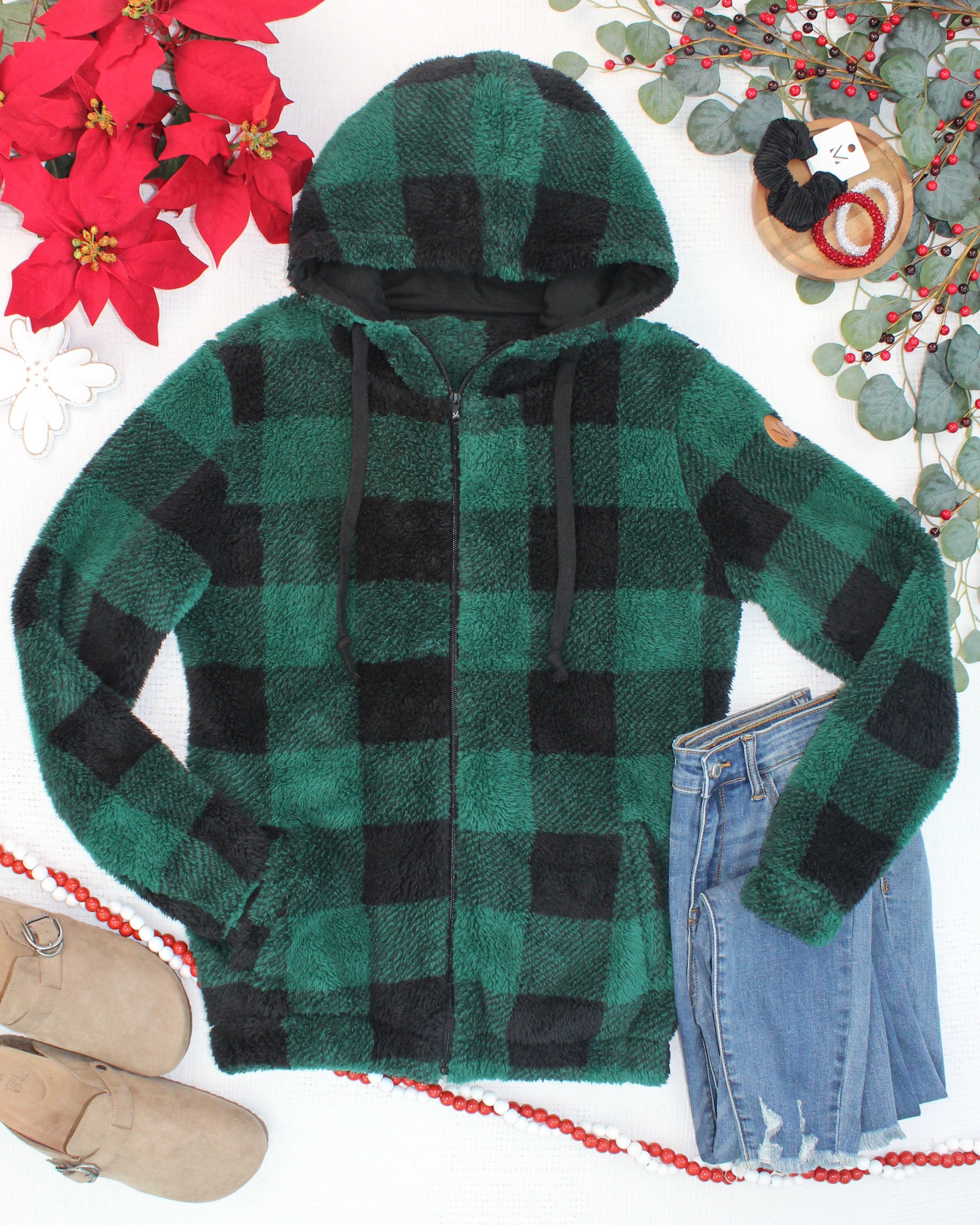 Sherpa Fullzip Hoodie - Evergreen Plaid
