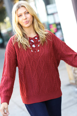 Fall Vibes Rust Cable Knit Lace Up V Neck Sweater