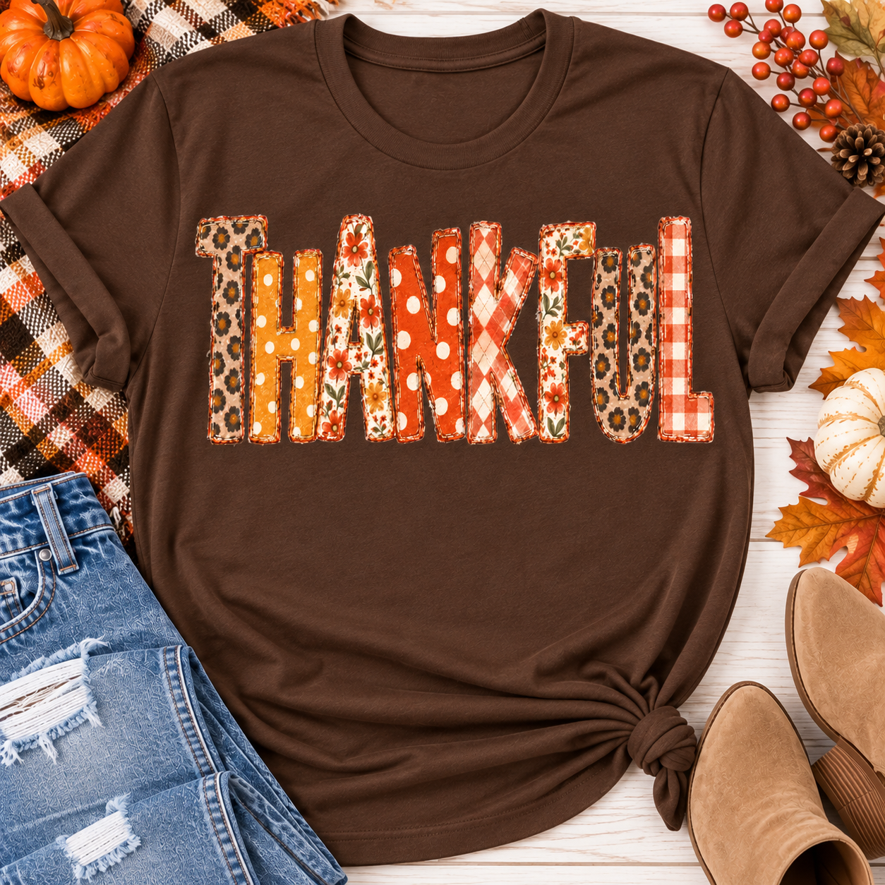 Brown short sleeve crewneck graphic tee with Thankful lettering in orange and neutral fall patterns, styled with distressed jeans.