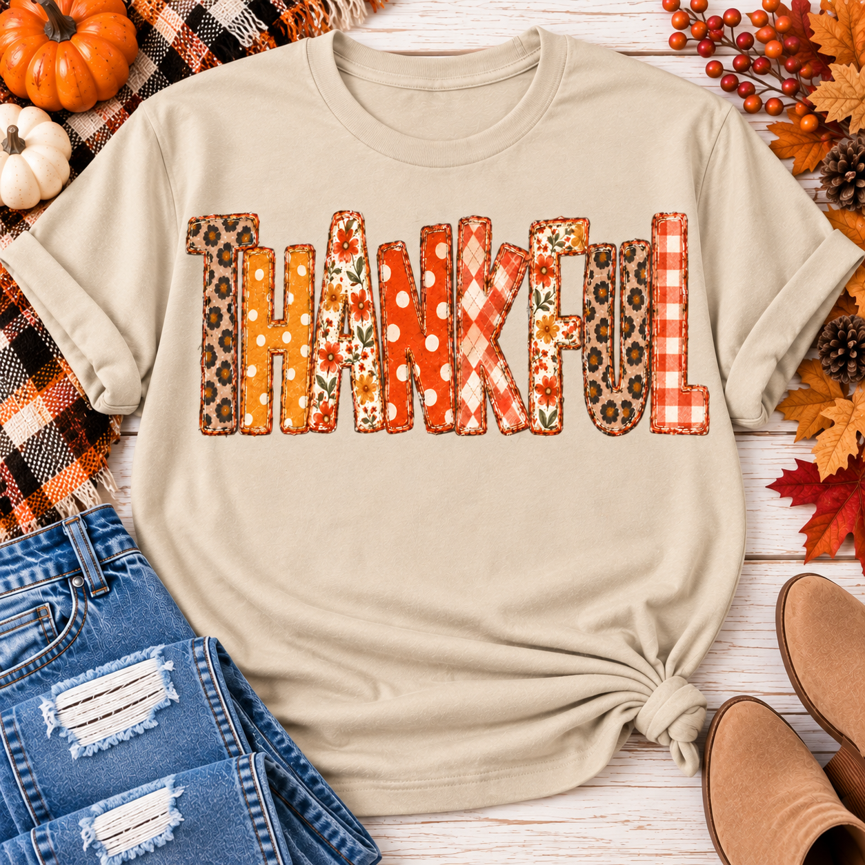 Beige short sleeve crewneck graphic tee with Thankful lettering in orange and neutral fall patterns, styled with distressed jeans.