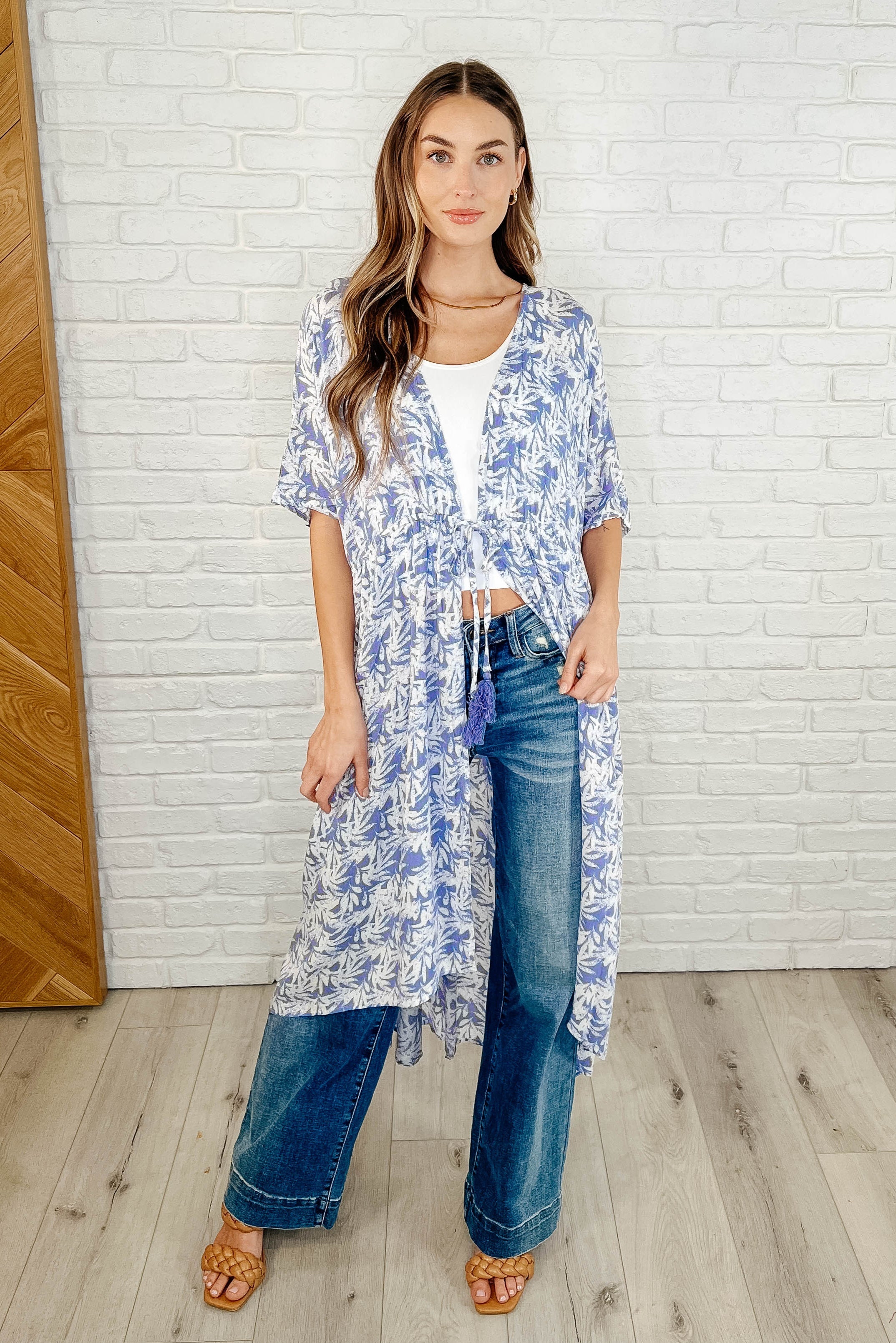 Tropical Print Gauze Kimono with Elastic Waist Tie in Periwinkle