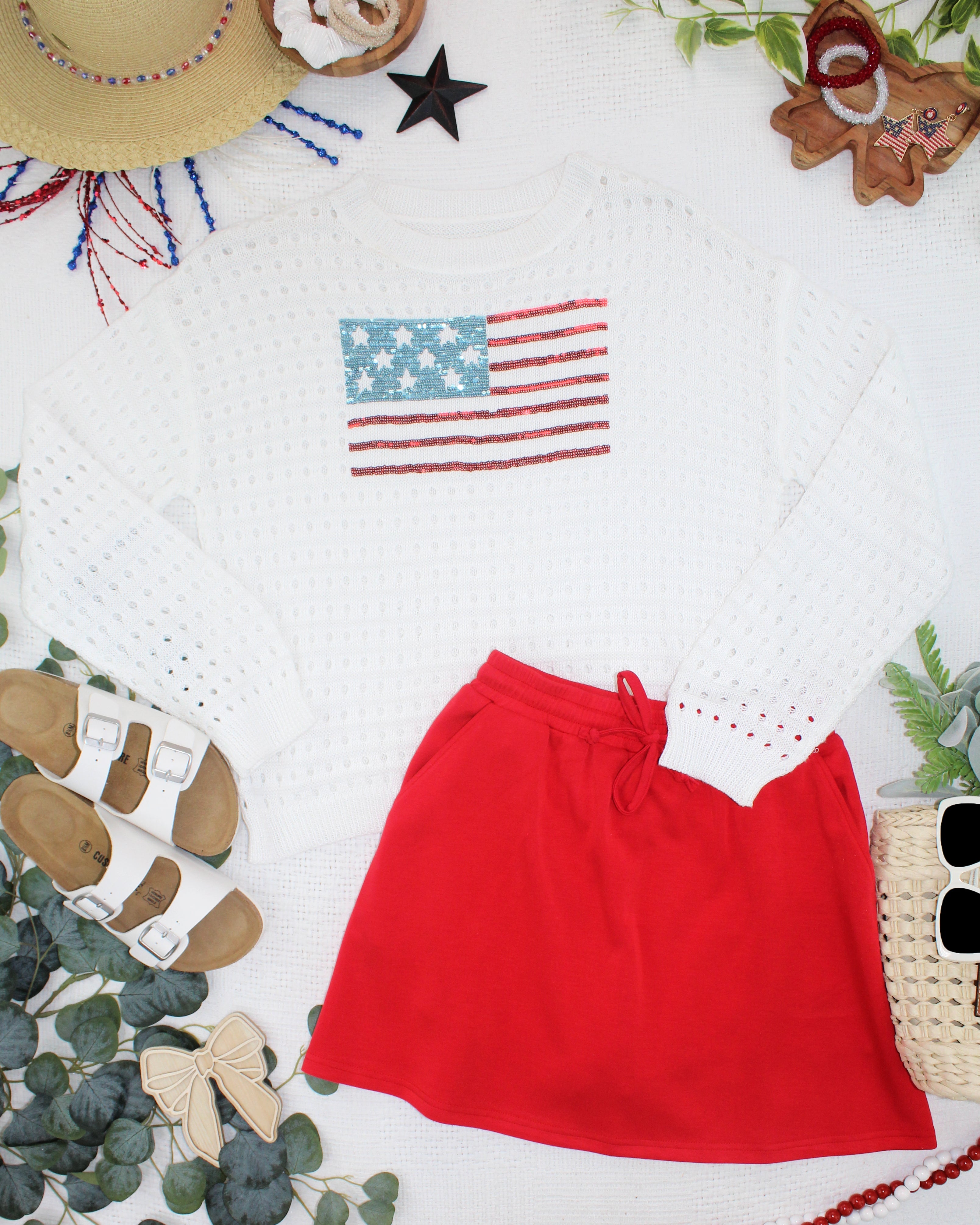 USA Sequin Flag Open Knit Pullover