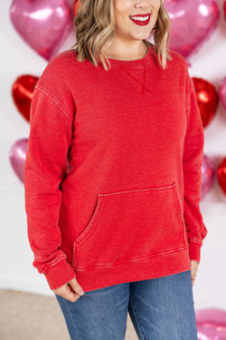 Vintage Wash Pocket Pullover - Red