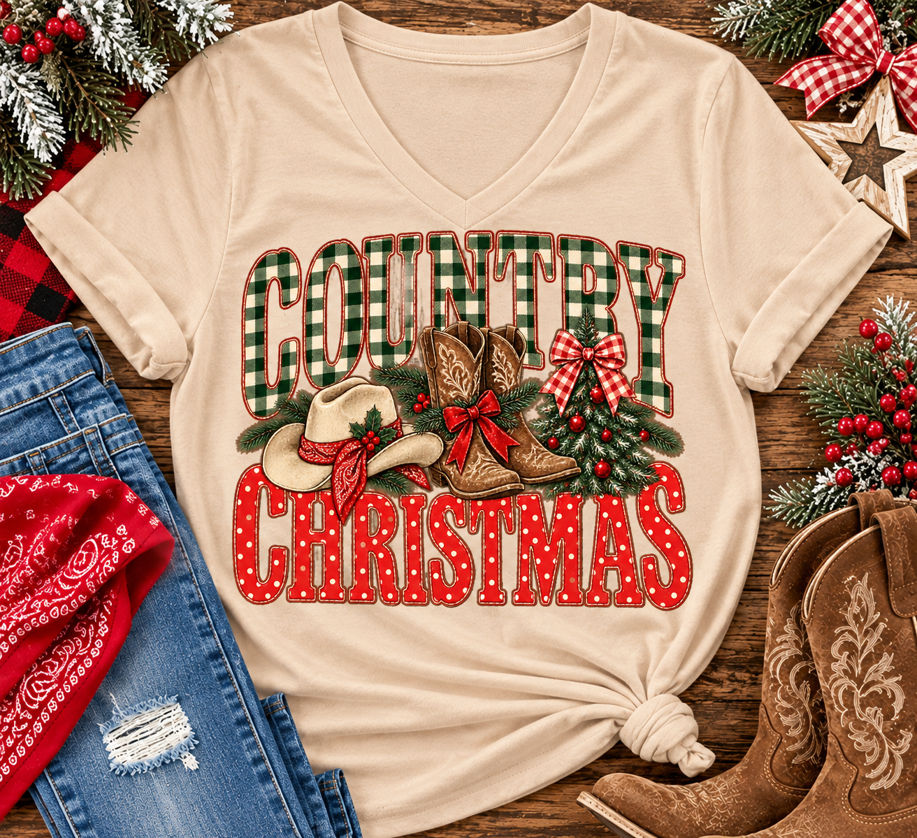 Country Christmas graphic tee with green plaid lettering, red polka dots, cowboy boots, western hat and festive Christmas bows.