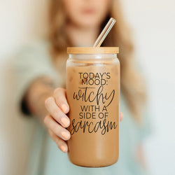 Eco-friendly Halloween drinkware set with glass straws
Sustainable witch themed coffee tumbler with bamboo top