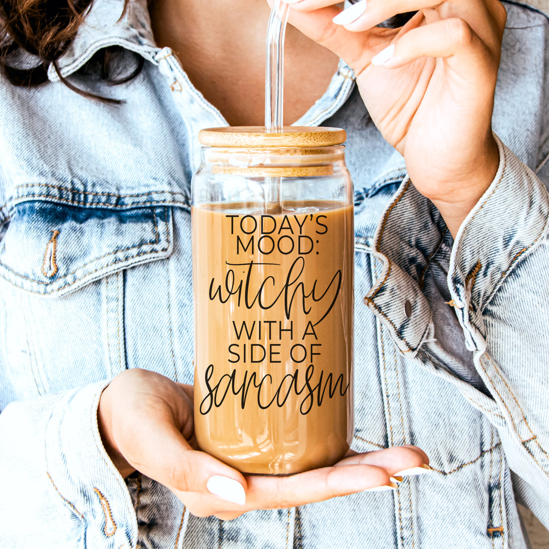 20oz witch themed glass tumbler set with glass straws
Halloween witch aesthetic glass tumbler with bamboo lid