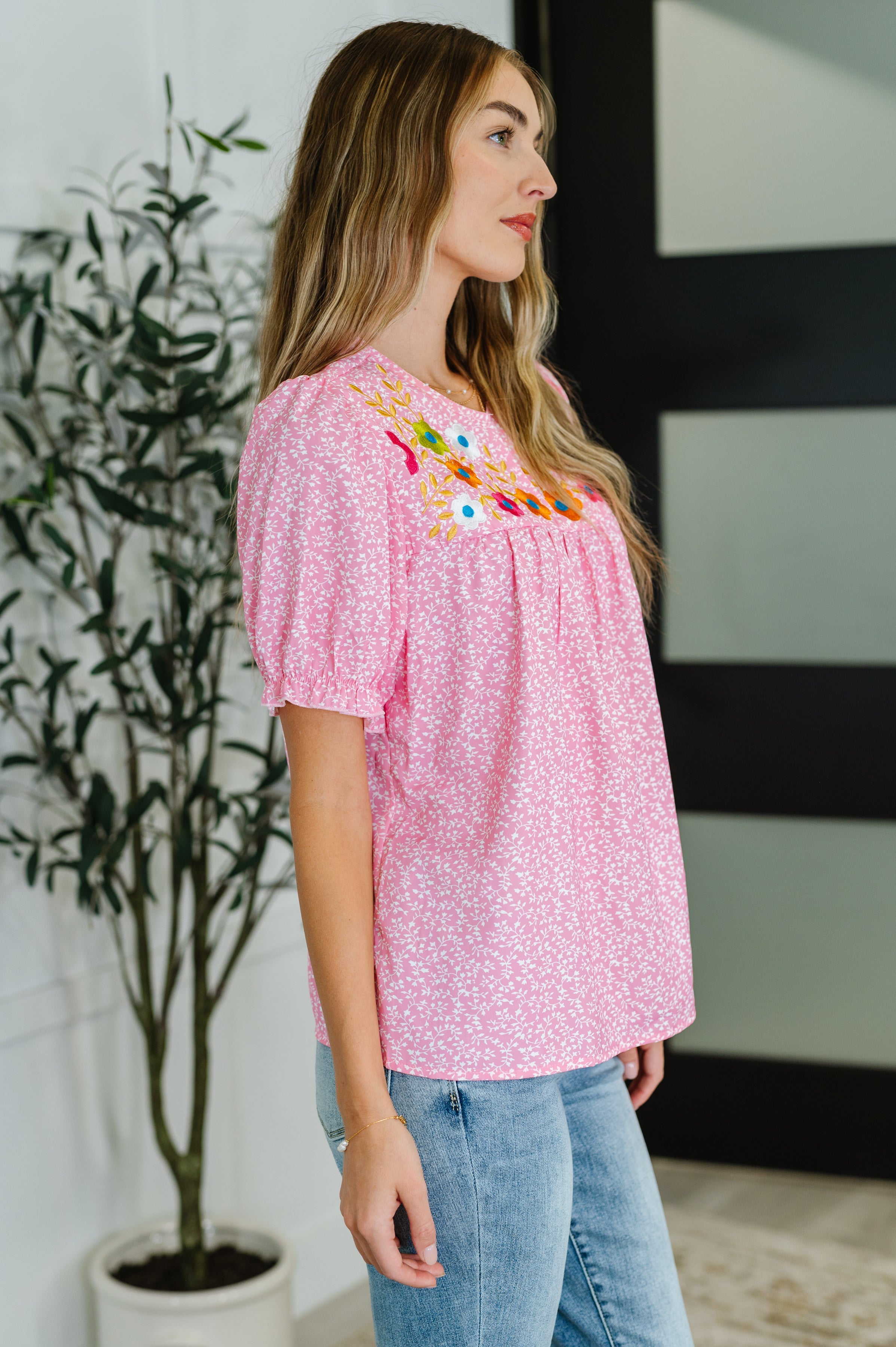 Wander Bloom Embroidered Puff Sleeve Blouse in Pink