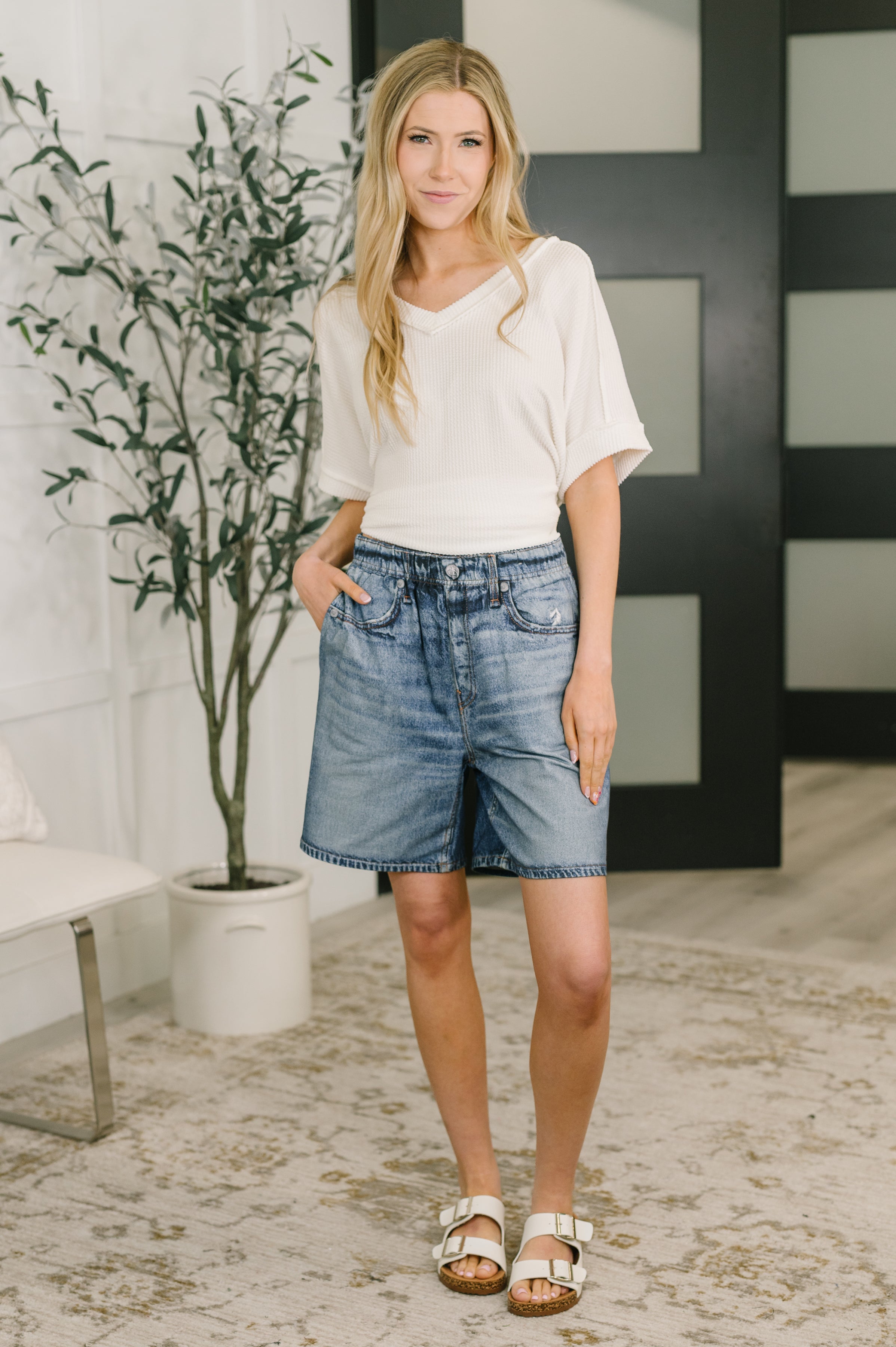 Zenim Printed High Waisted Shorts in Classic Denim