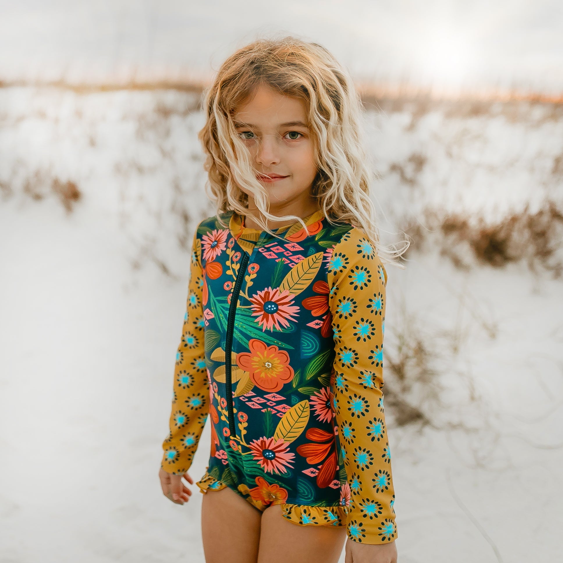 Mustard Tropical Zip Rash Guard Swimsuit