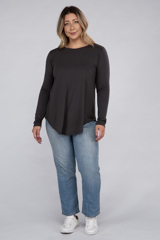 Plus Long Sleeve Round Neck Round Hem Top