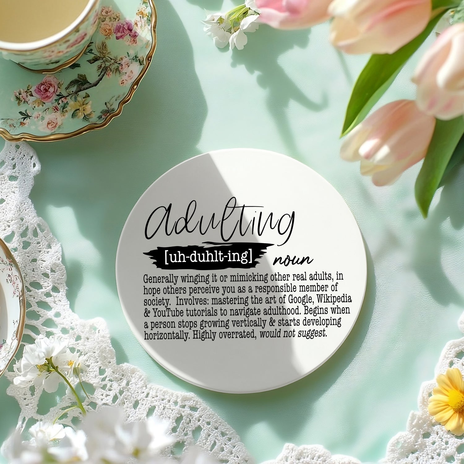 Adulting definition funny ceramic coaster
Birthday gift coasters with humorous definitions