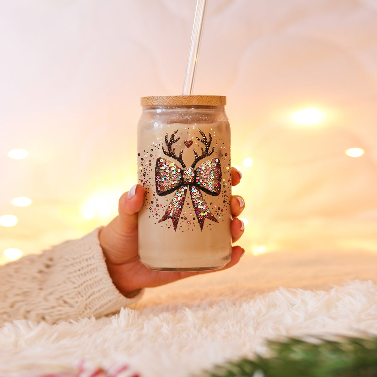 Christmas bling glass cup 17oz glass straw - Glitter sequin reindeer bow holiday tumbler bamboo lid - Sparkly festive gift