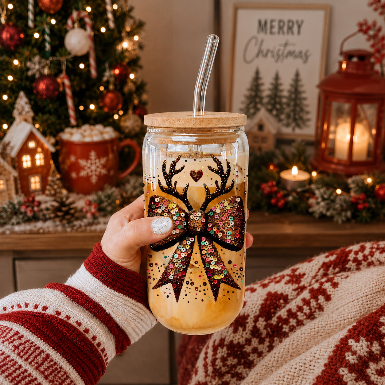 Christmas gifts for women glass tumbler 17oz - Glitter sequin reindeer bow holiday drinkware bamboo lid glass straw
White elephant gifts glitter sequin glass tumbler 17oz - Christmas reindeer bow party drinkware bamboo lid