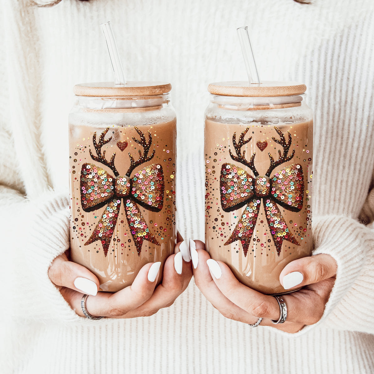 Christmas stocking stuffers glitter tumbler 17oz - Holiday sequin bow reindeer glass cup bamboo lid gift
Secret Santa gifts sparkly glass tumbler 17oz - Christmas glitter reindeer bow coffee cup bamboo lid under $25