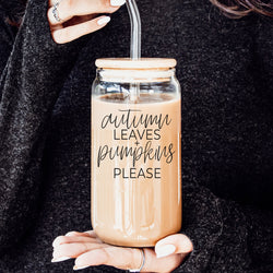 Fall aesthetic glass tumbler with pumpkin quote
20oz autumn themed glass tumbler set with straws