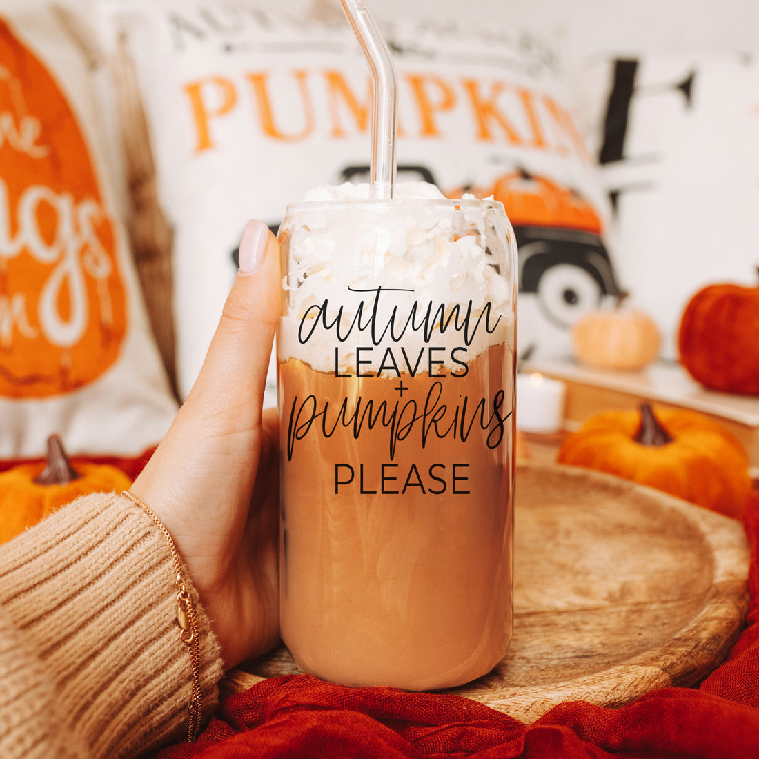 Eco-friendly fall season tumbler with quote
Autumn coffee lover glass tumbler set
Fall gift glass tumbler for PSL lovers