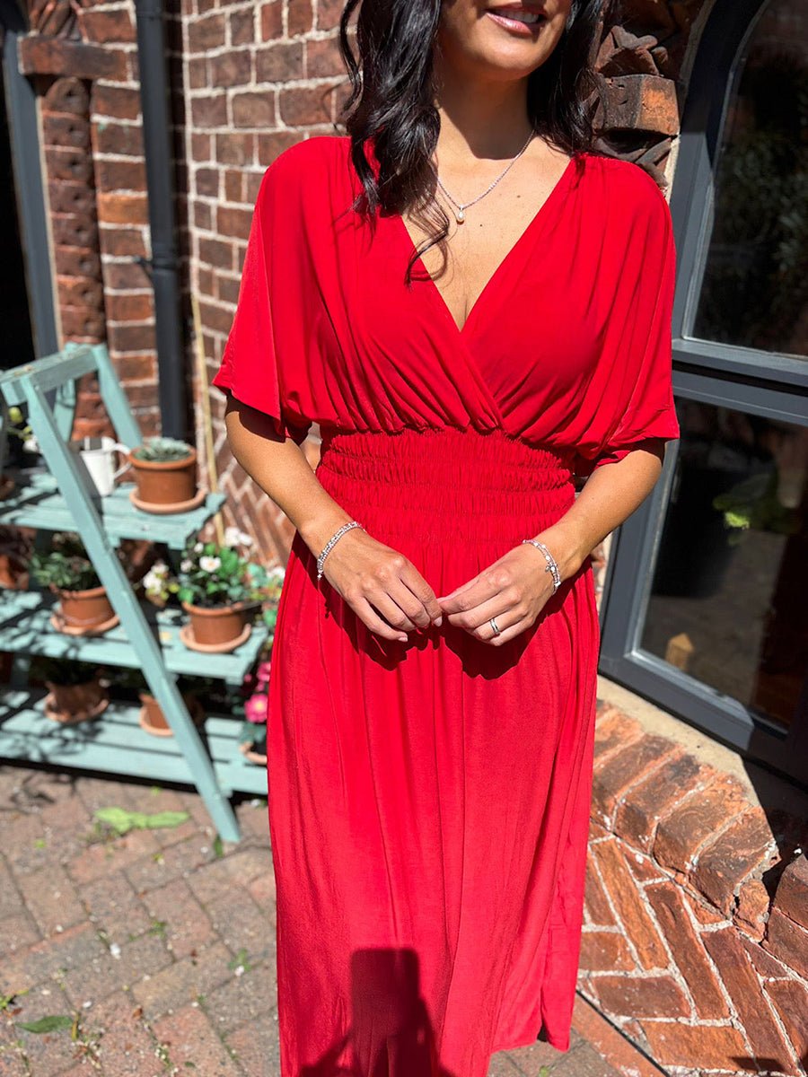 Aydan Bat-sleeved V-neck Slit Dress