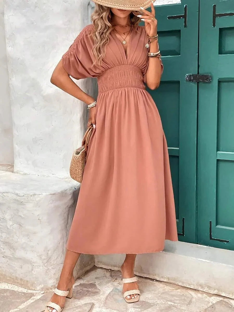 Aydan Bat-sleeved V-neck Slit Dress